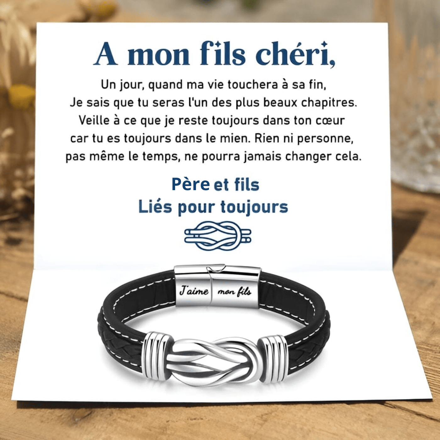 Bracelet en cuir tressé « père et fils à jamais liés »